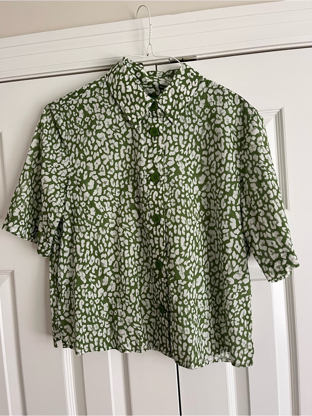United Colors of Bennetton- Lime and White Animal Print Button-Up Top